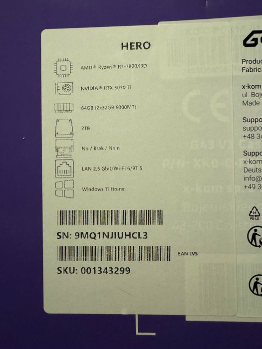 G4M3R HERO R7-7800X3D/64GB/2TB/RTX5070Ti/W11x