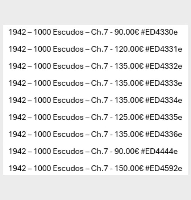 Vendo 9 Notas de 1942 de 1000 Escudos - Ch.7