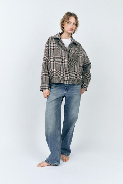 Zara viralowa kurtka bomberka brązowa krata 38 M wełna, wiskoza