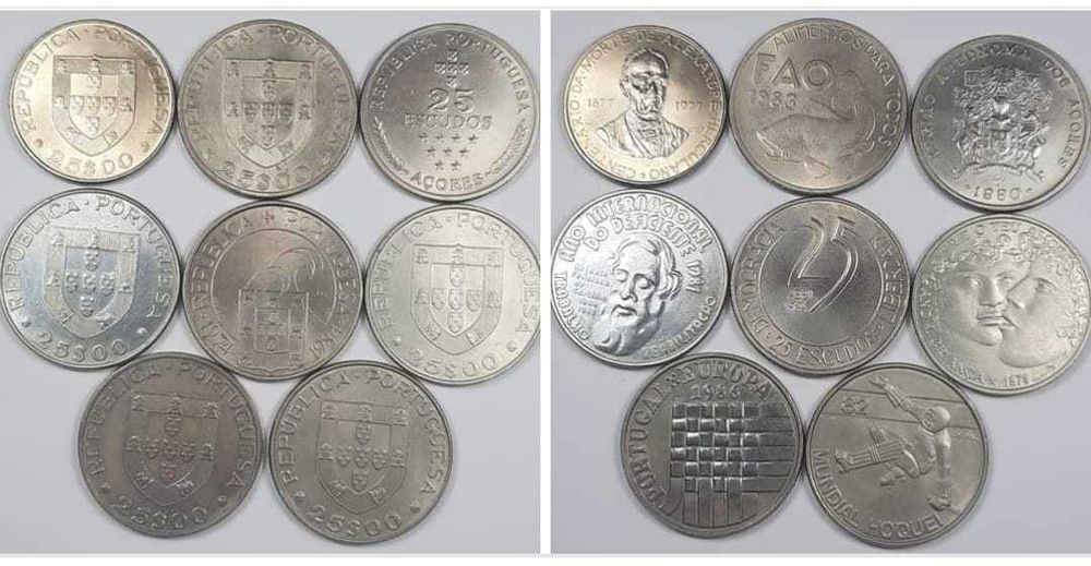 8 moedas de 25 escudos da república