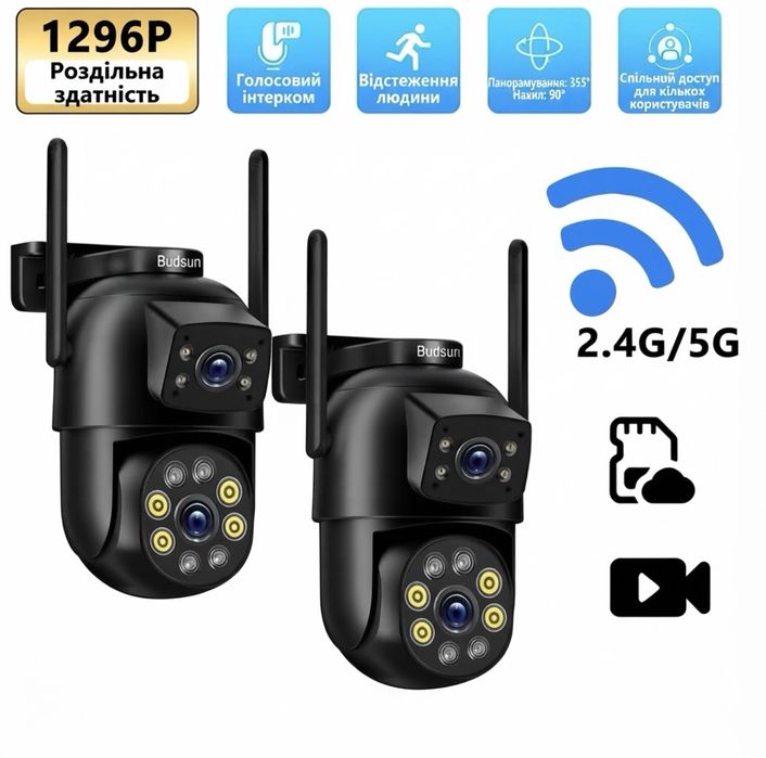 Комплект 2× Budsun WiFi камери 1296P, PTZ 355°, AI виявлення людей, 2 об’єктиви