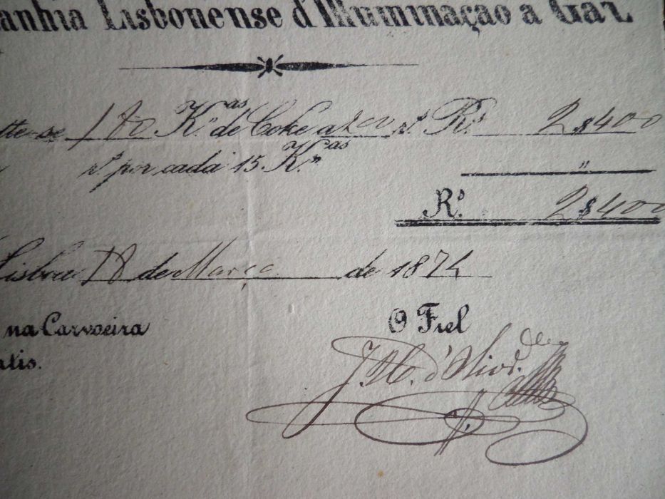 Recibo Manuscrito  1874 - 'Companhia Lisbonense d'Illuminação a Gaz'