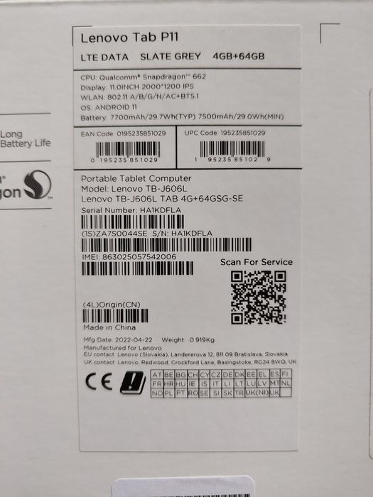 Lenovo Tab P11 TB-J606L 11" 4/­64GB LTE Android Slate Grey. Гарантія