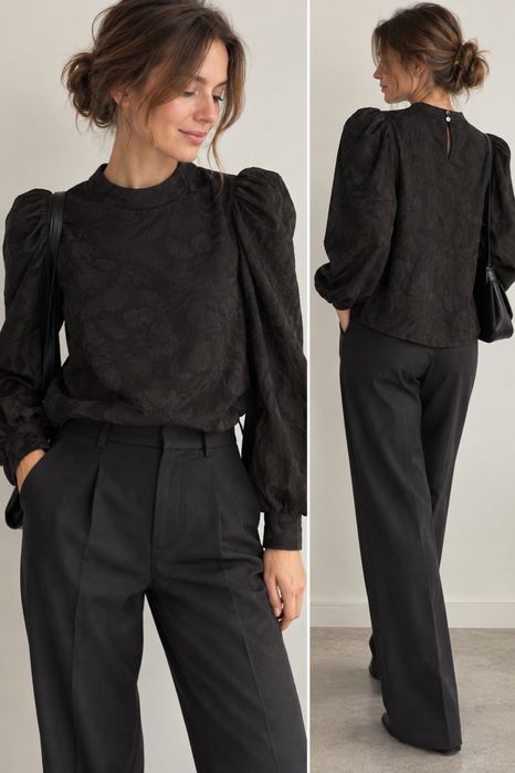 Czarna żakardowa bluzka Zara XS – bufiaste rękawy