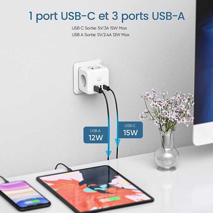 Мережевий фільтр-трійник 3 розетки 3 USB, 1 TYPE-С. Fast Charge