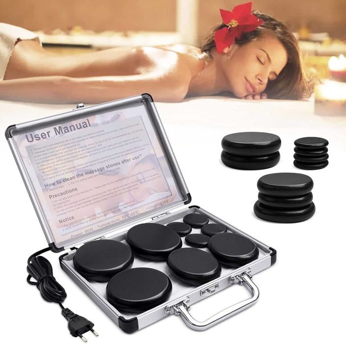 Zestaw Hot Stone Gorące Kamienie Bazaltowe do Masażu 9 szt. + Podgrzewacz