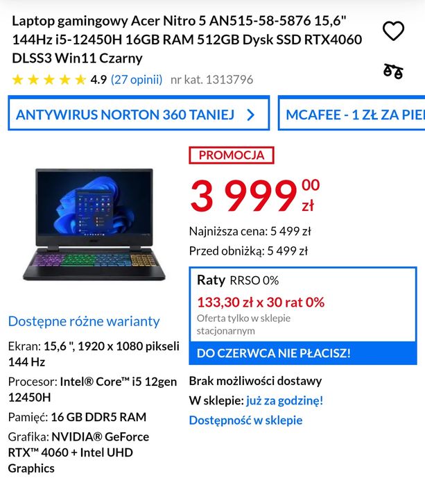 Laptop gamingowy Acer Nitro i5 i ryż 4060