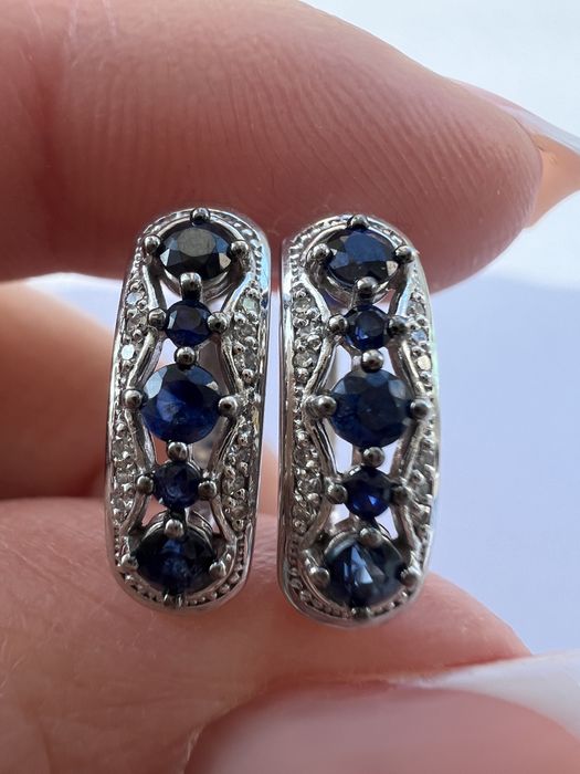 Золотые серьги с  бриллиантами и сапфирами белое золото 585 проба