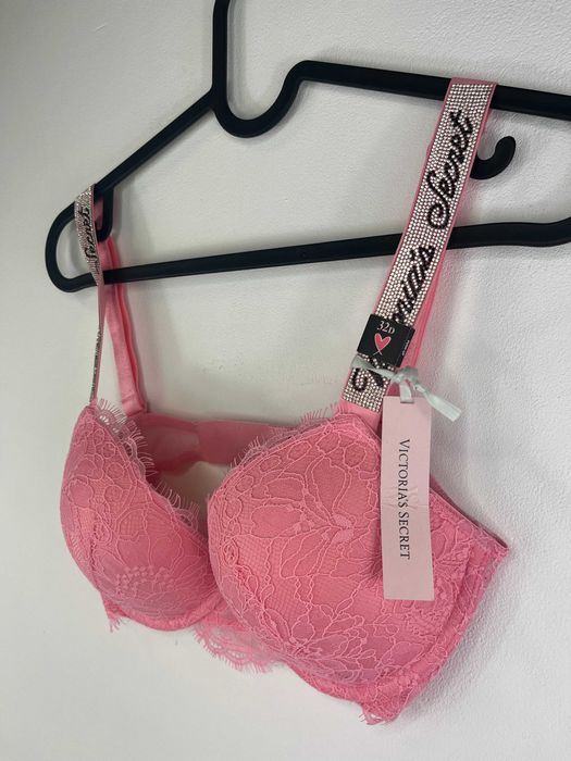 Różowy koronkowy biustonosz z kryształkami Victoria's Secret 32D / 70D