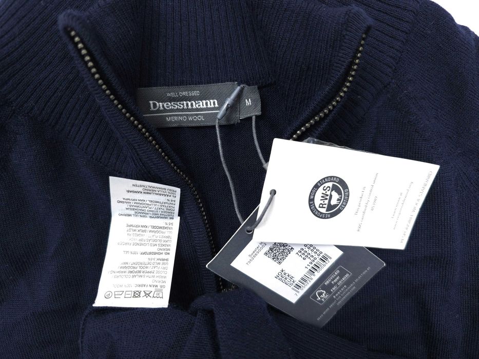 DRESSMANN Cardigan 1/4 Zip 100% Merino Wool Męski Sweter Bluza M