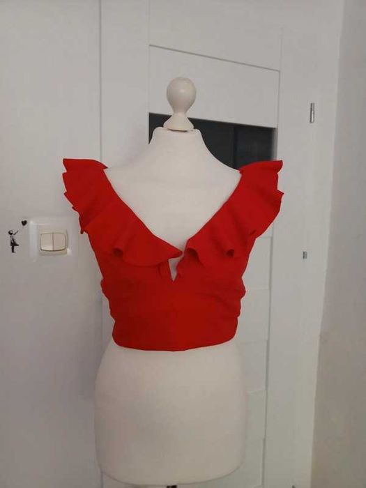 Pomarańczowy koralowy Cropp top na lato z falbana rozmiar L XL 14