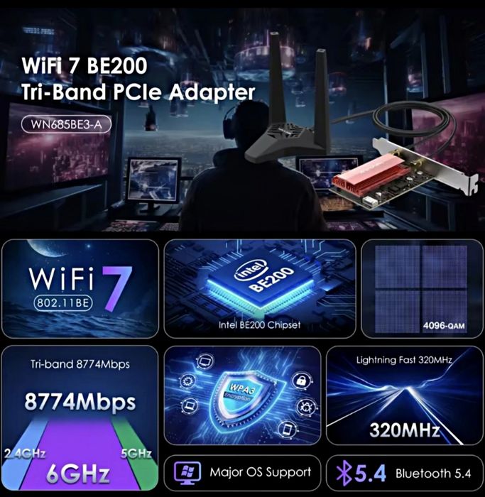 Новий Wi-Fi 7 адаптер WAVLINK BE8800 (Intel BE200) PCI-E. ТІЛЬКИ Intel