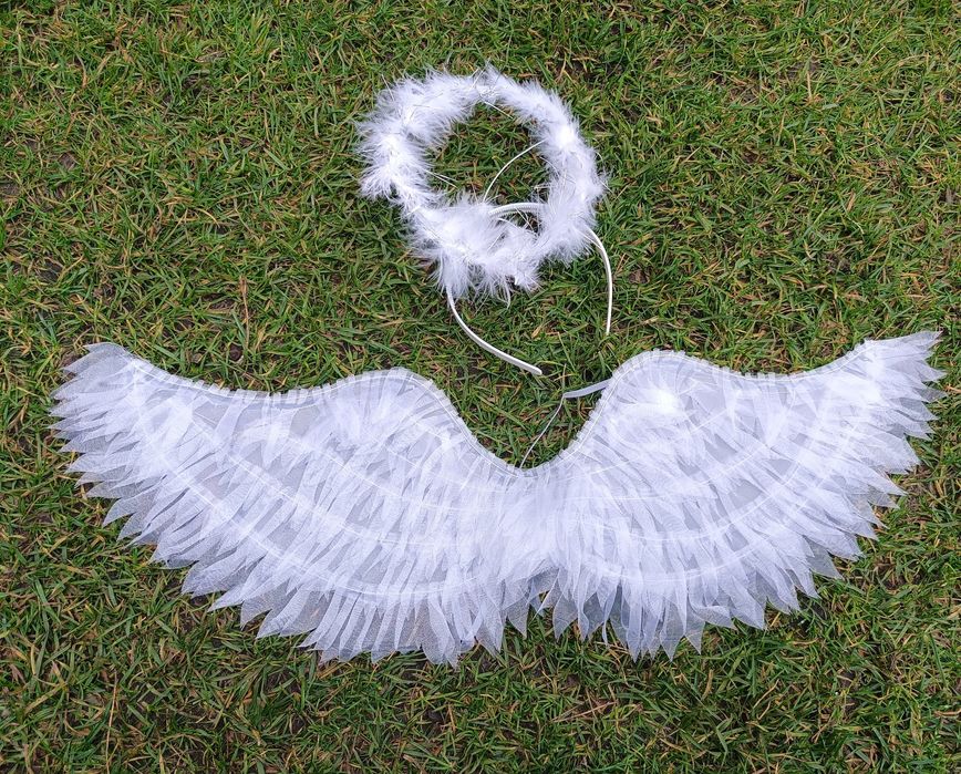 Piękny zestaw Anioł skrzydła tiulowe świecące i aureola