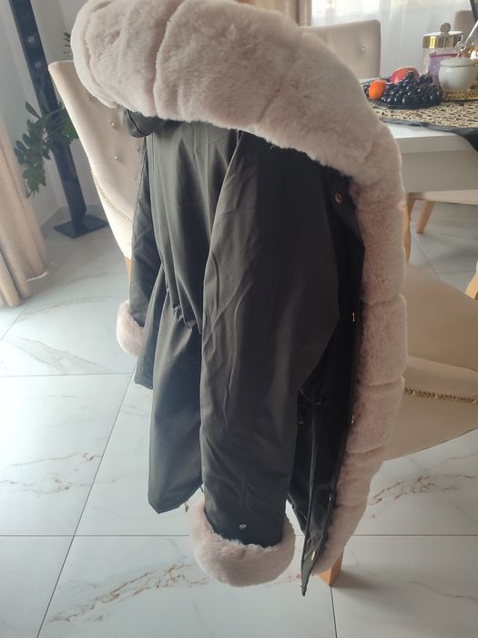 Piękna kurtka parka khaki ocieplana misiem L XL