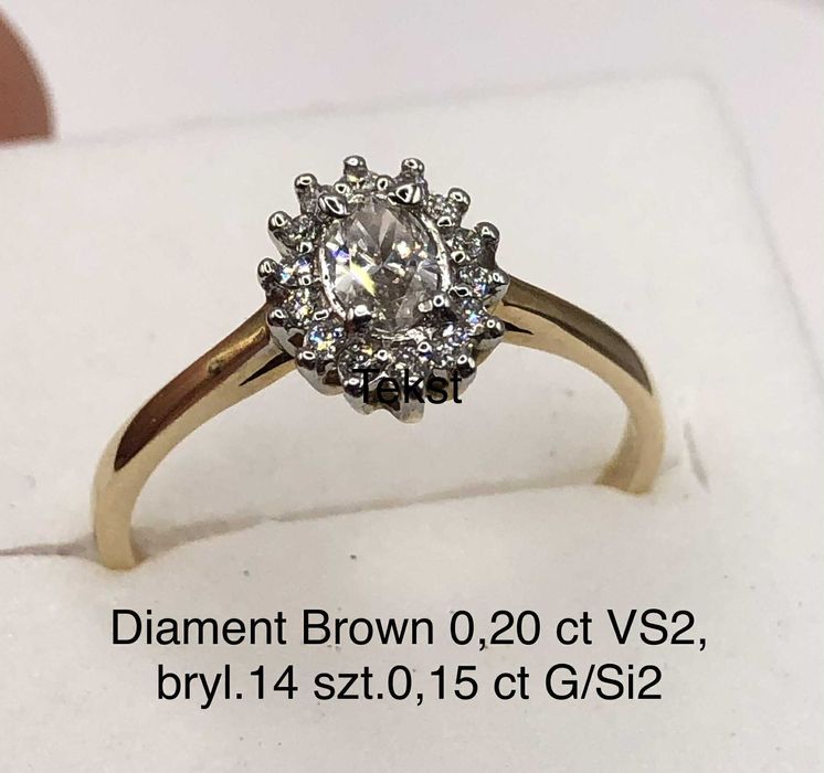Złoty pierścionek Diamentem  Brown 0,20 ct i brylanty 0,15 ct