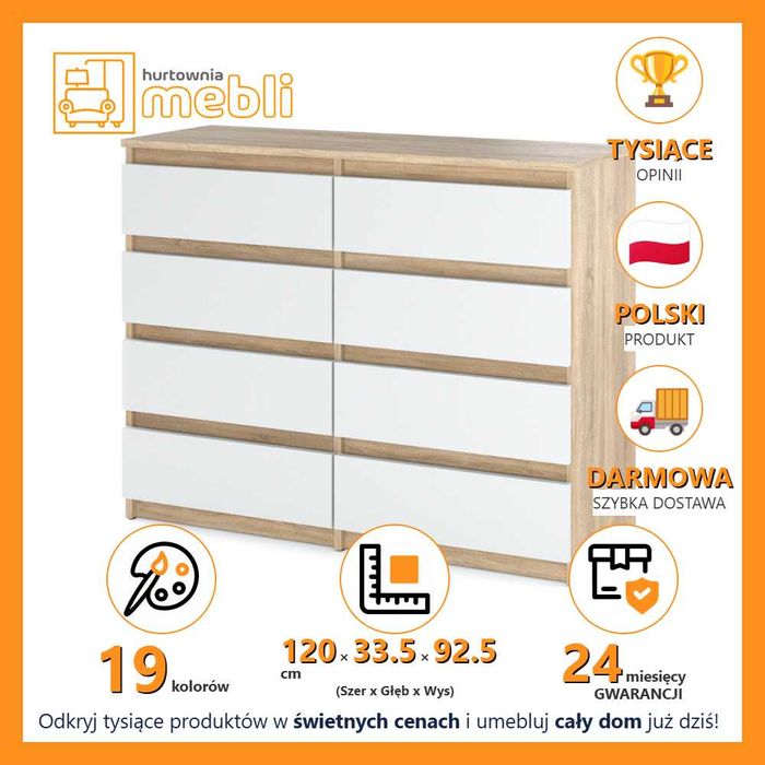 Komoda Nowoczesna Do Sypialni Hugo 120cm Szafka Duża Z 8 Szufladami