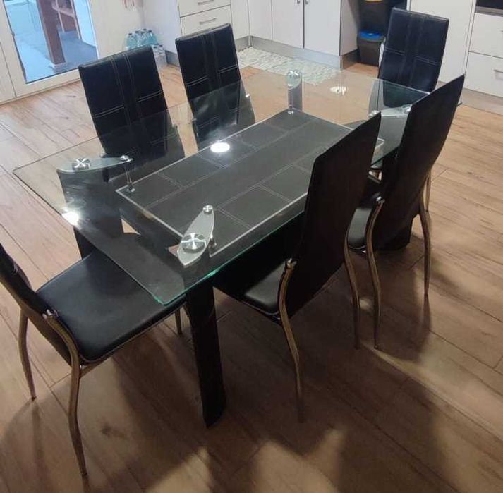 Mesa jantar e 6 cadeiras 150x90cm (vidro temperado e de couro sintétic