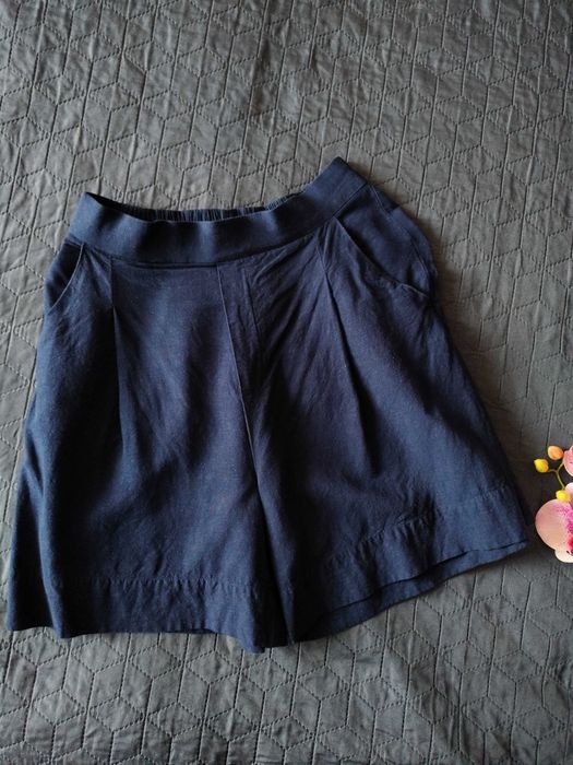 Шорти жіночі льон сині 36-38 широкі вільні бермуди висока посадка