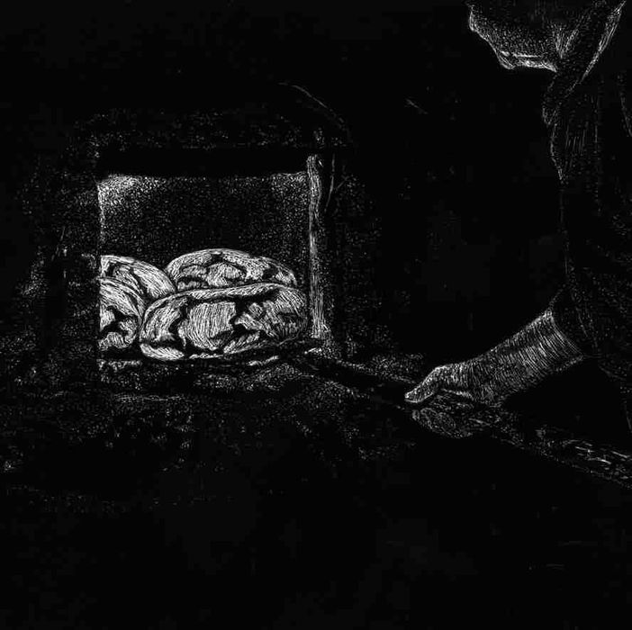 Desenho scratchboard mulher a pôr pão forno tradições de Portugal -III