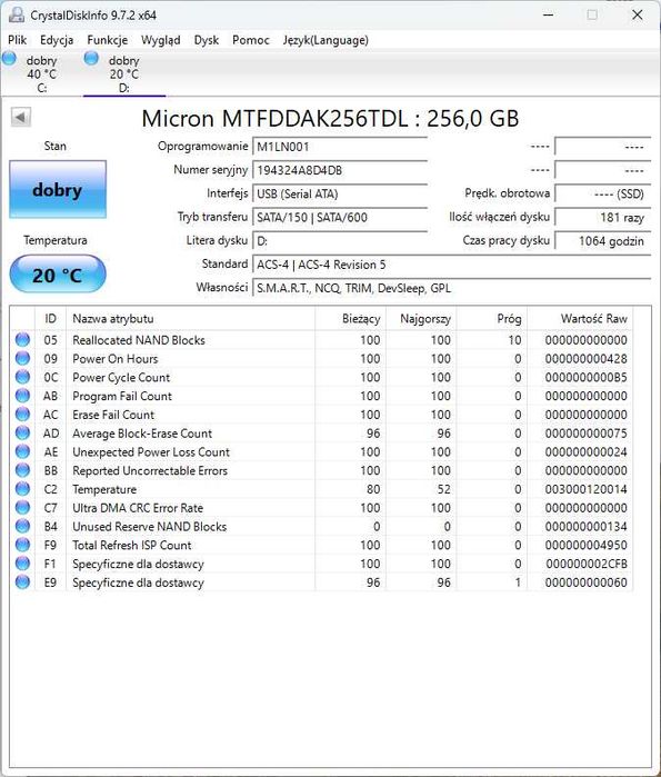 Dysk SSD Micron 1300 SATA 256GB 2.5 2280 GW3m S294