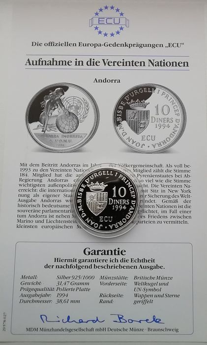 Андорра 10 дінерів 1994р. Членство Андорри в ООН. СРІБЛО. Сертифікат.