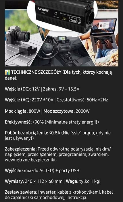 Przetwornica samochodowa 12v 230v  duża moc 2000w wydajna
