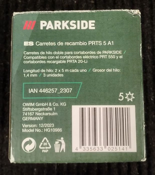 3 Spools of Line for Parkside Lawn Trimmers64171279122562124