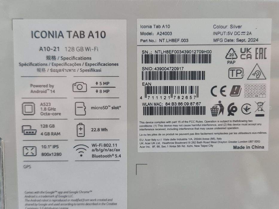 New Acer Iconia Tab A10-21 4/128GB Silver