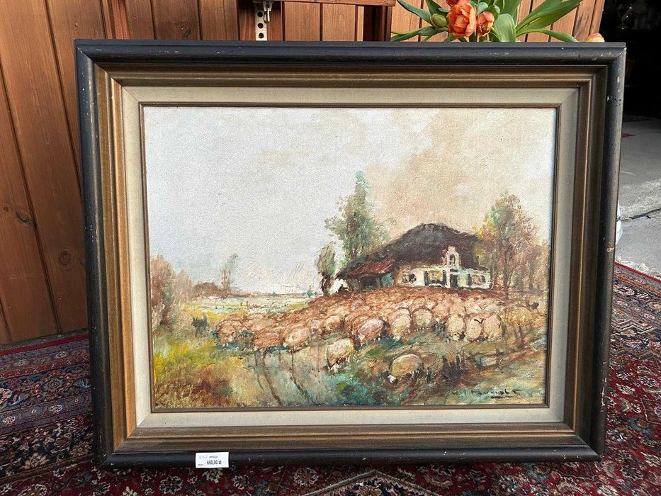 Obraz, pejzaż z dom i stado owiec #9125 Stylowy Węgrów