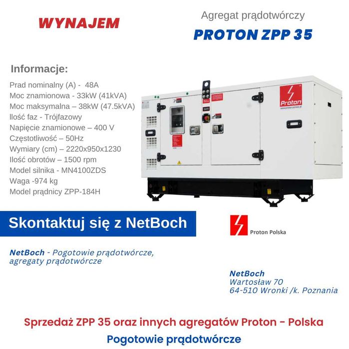 Wynajem agregatu prądotwórczego 35kW -Proton ZPP 35