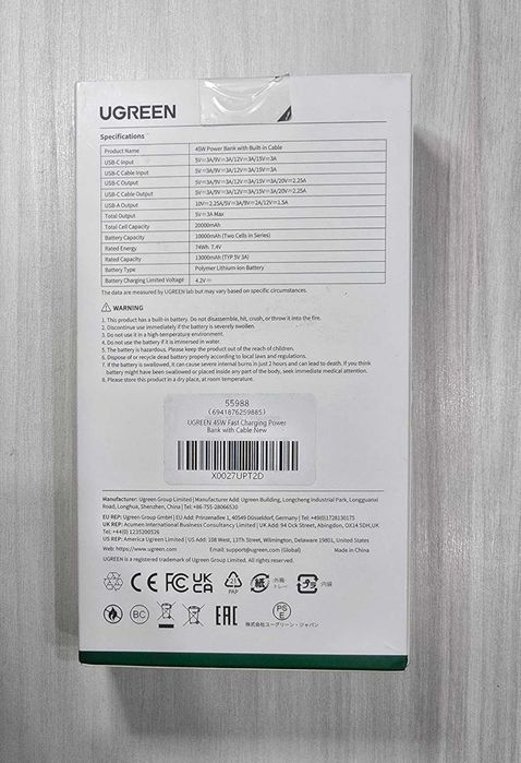 Power Bank Ugreen Nexode 20.000mAh 45W c/ Cabo Integrado (Nova)