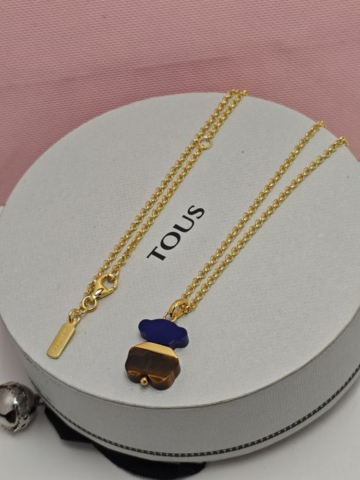 Naszyjnik z misiem żółte srebro vermeil 925 z tygrysim okiem