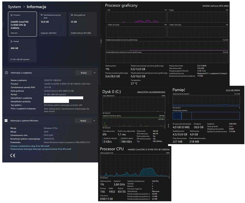 Komputer PC - RTX 3060 12 GB, ddr4 32GB , dysk M.2 500GB, Windows 11