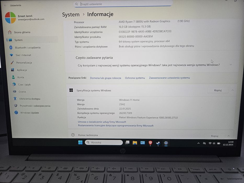 Laptop HP PAVILION AERO 13.3 R7 5800U 16GB RAM 512GB SSD Win11