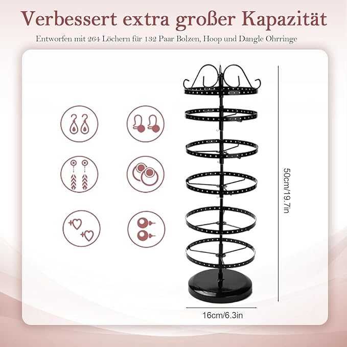 Obrotowy stojak na kolczyki 6 poziomów 264 otwory czarny organizer