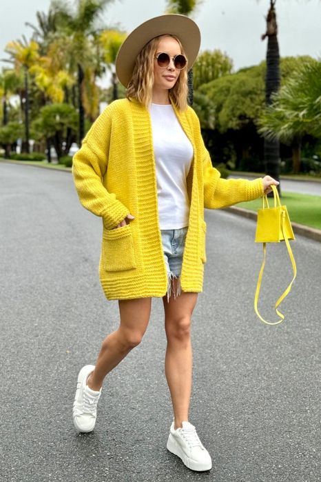 Krótki kardigan damski Basic żółty nowość