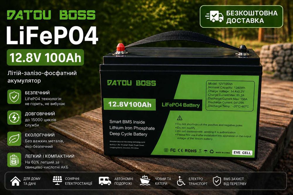 Аккумулятор LiFePO4 12V 100Ah BMS,лит-жел-фос батарея Акумулятор. БЕСПЛАТНАЯ ДОСТАВКА. В наличии 50, 100, 200, 300A. Поставка травень місяць 2026