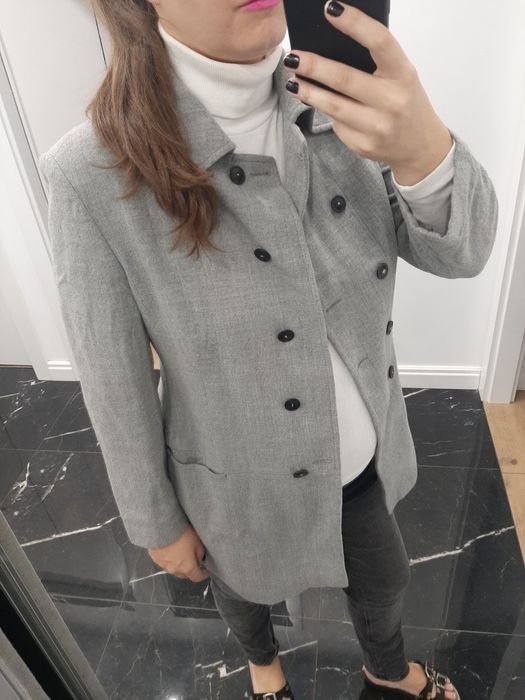 Marynarka płaszcz dwurzędowy wełna wool vintage grey modny elegancki l