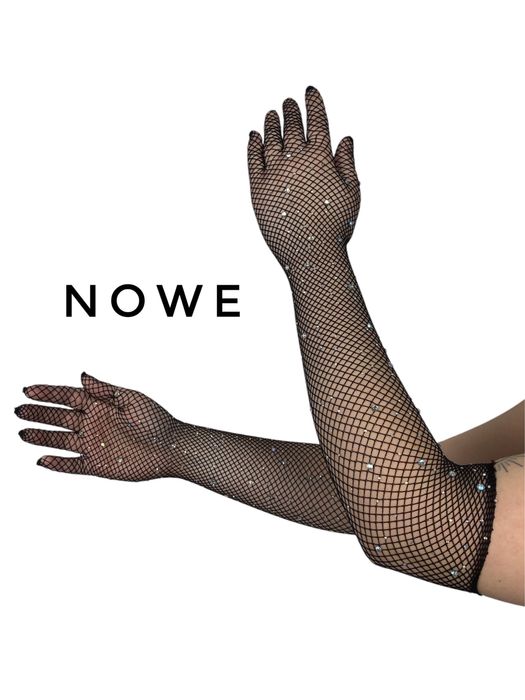 Nowe czarne rekawiczki kabaretki z cekinami andrzejki sylwestra