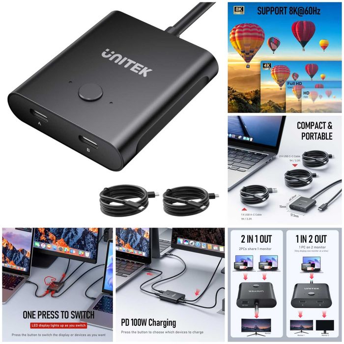 Двонаправлений Unitek USB-C перемикач екранів 8K 60Hz з PD 100W