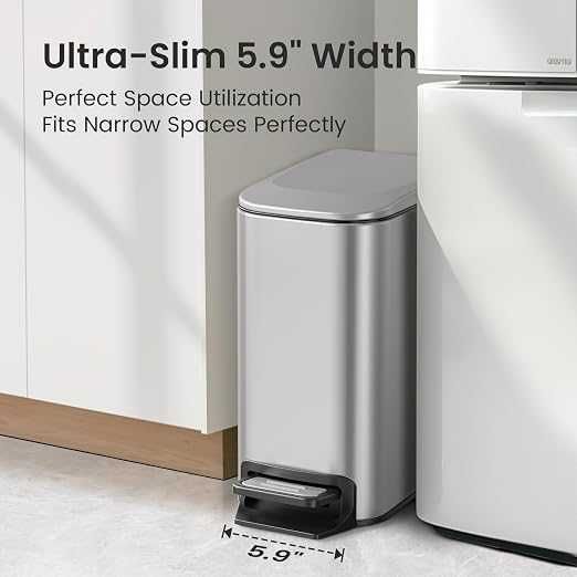 Lixeira retangular slim Inox 6L com pedal e fechamento suave da tampa 29x14x30cm.