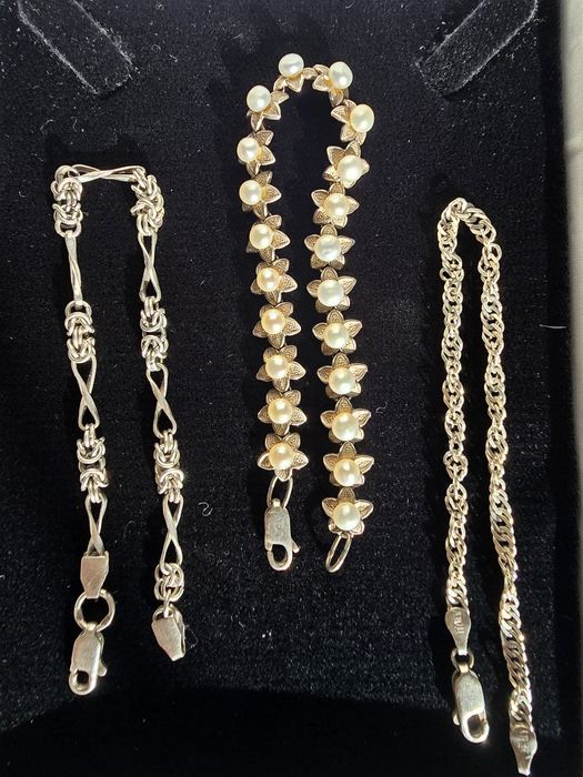 Срібний браслет ланцюжком + перлинки