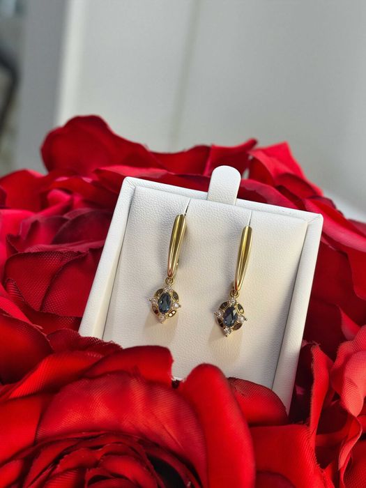 Złote Kolczyki Diamenty/Kamień Blue London Topaz/Próba 585 Sklep