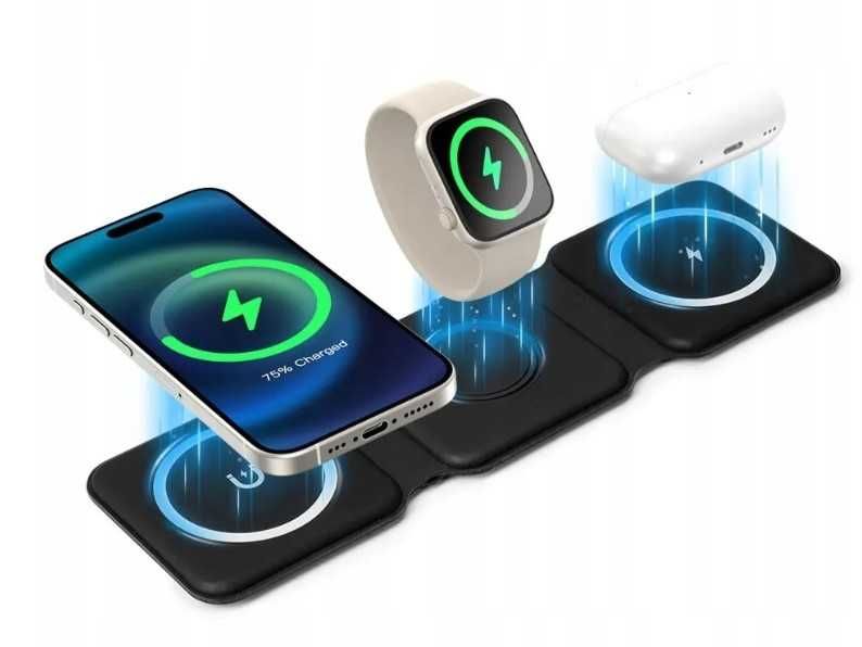 Składana bezprzewodowa ładowarka indukcyjna 3 w 1 czarna do Apple