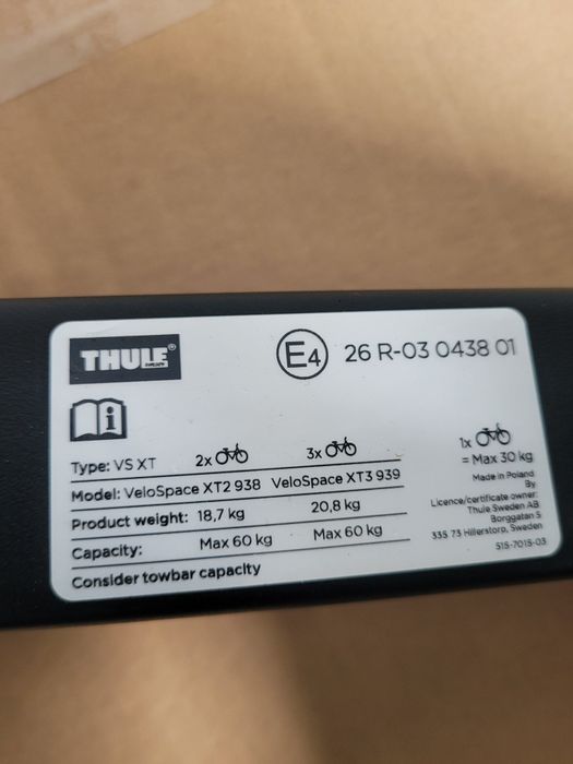 Thule na 3 rowery elektryczne e bike  Velospace 939
