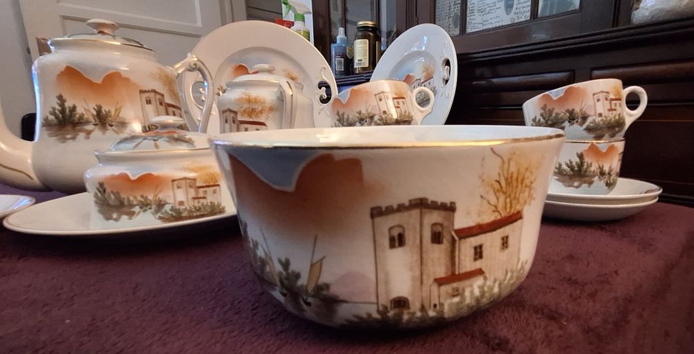 Serviço chá muito antigo inicio sec XX, 19 peças faiança Massarellos