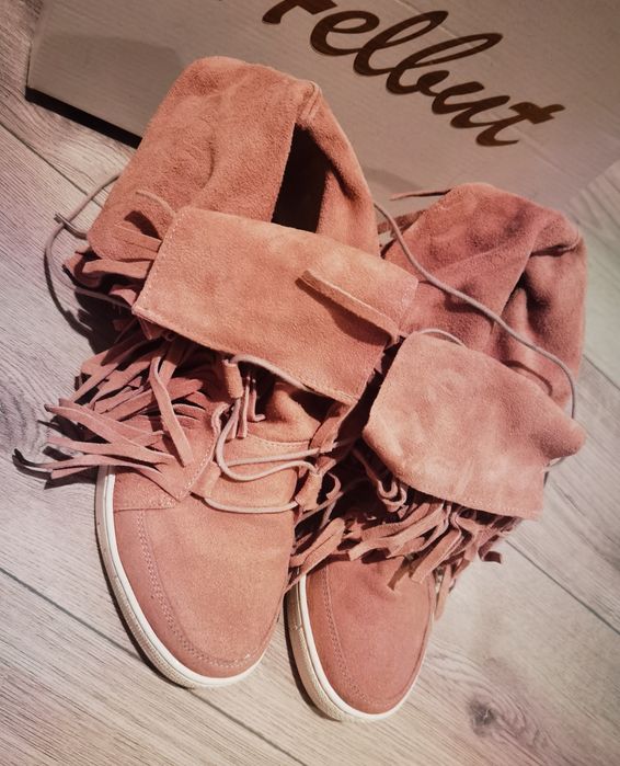 Botki Sneakersy frędzle koturn zamsz naturalny pudrowy róż