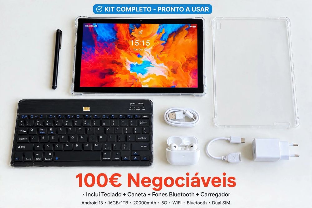 Tablet 10,36” Android 13 com Teclado + Caneta + Fones - NOVO- 5G Dual Sim