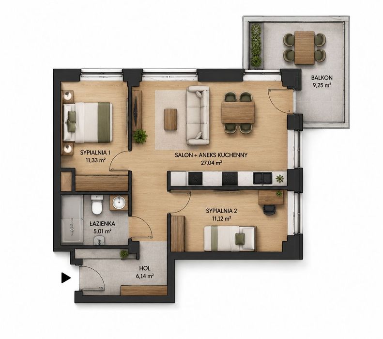 Narożny apartament premium 60,64 m² | Duży balkon | Top lokalizacja - Widok 3