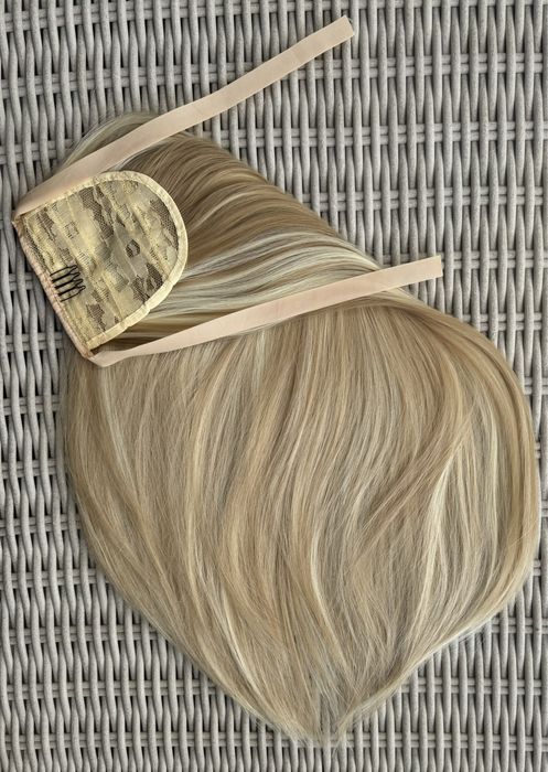 Premium Ultra blond pasemka / refleksy włosy doczepiane, kucyk, 136.